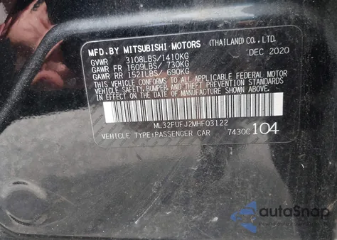 2021 Mitsubishi Mirage G4 Es/G4 Le/G4 Carbonite Edition from USA, damaged, VIN ML32FUFJ2MHF03122